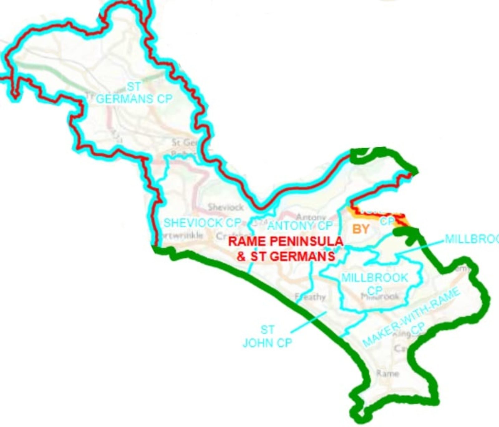 This map covers the new Rame and St Germans division of Cornwall Counci